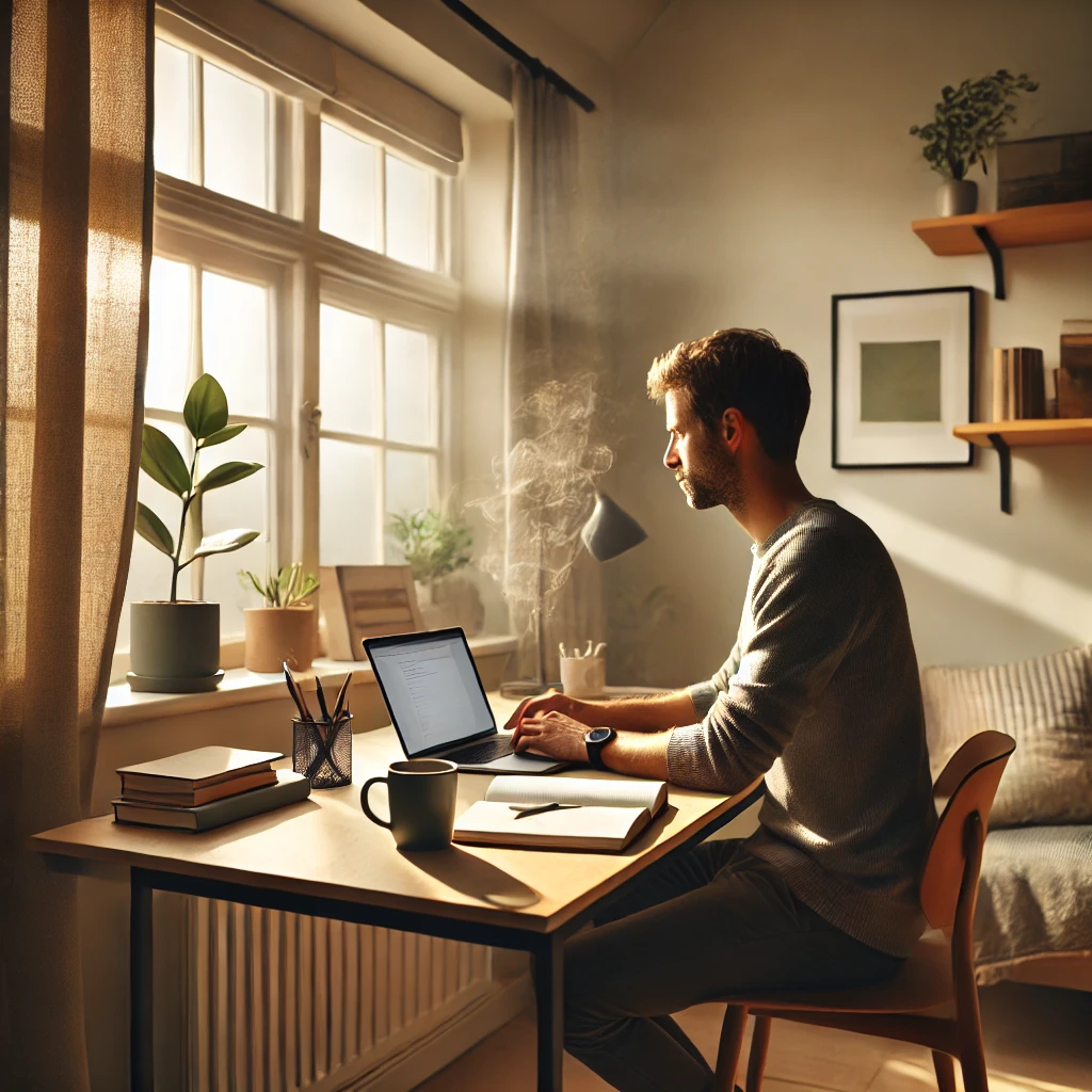 dall·e 2025 12 03 13.37.57 a realistic lifestyle photo of a dedicated breadwinner working from home, seated at a tidy modern desk with a laptop open, a simple notebook, and a st