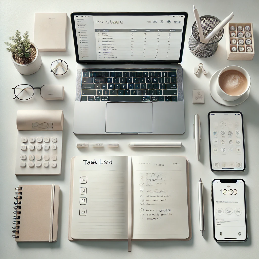 dall·e 2025 12 03 13.39.44 a minimalist flat lay of freelancing essentials arranged neatly on a clean white or light wood desk. an open laptop displays a simple task list in a c