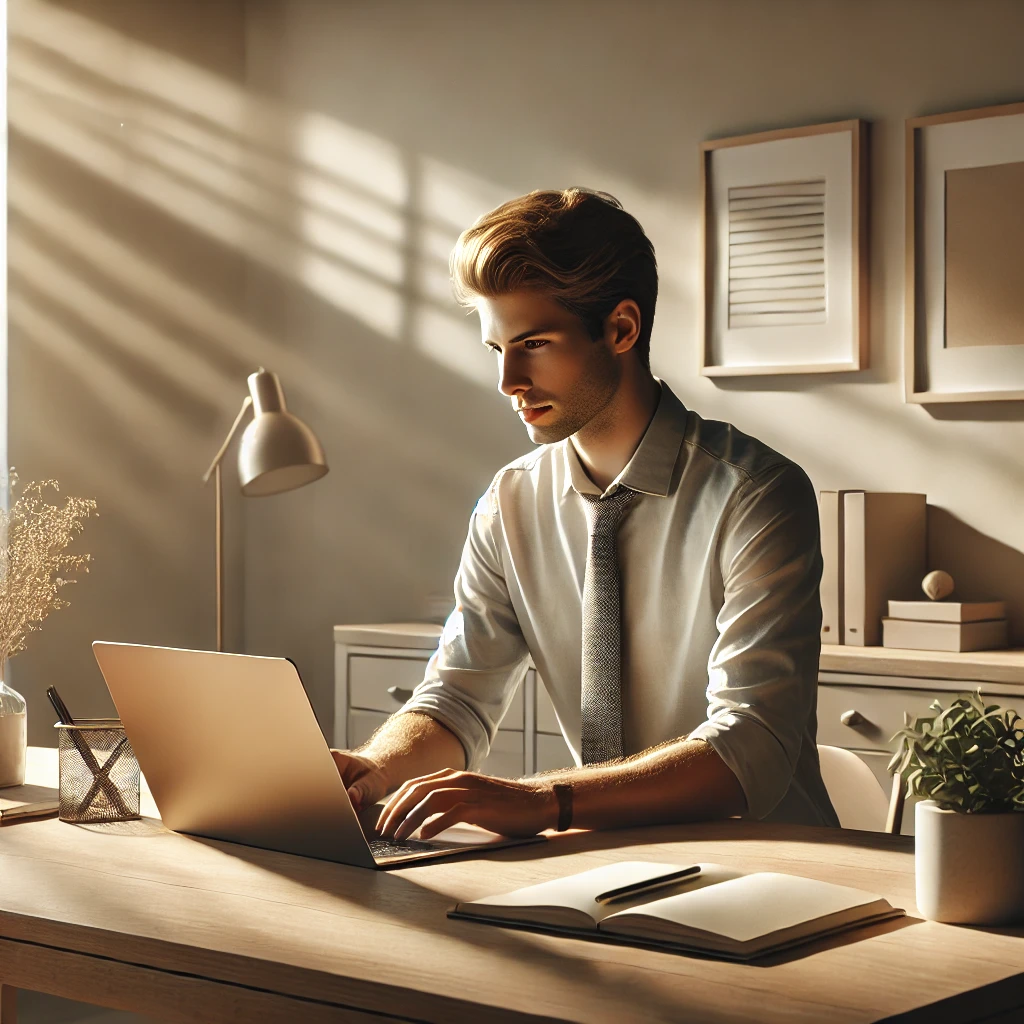 dall·e 2025 12 04 12.54.16 a realistic lifestyle scene of a focused breadwinner working from home at a clean, well‑organized desk. the laptop is open and glowing softly, surroun