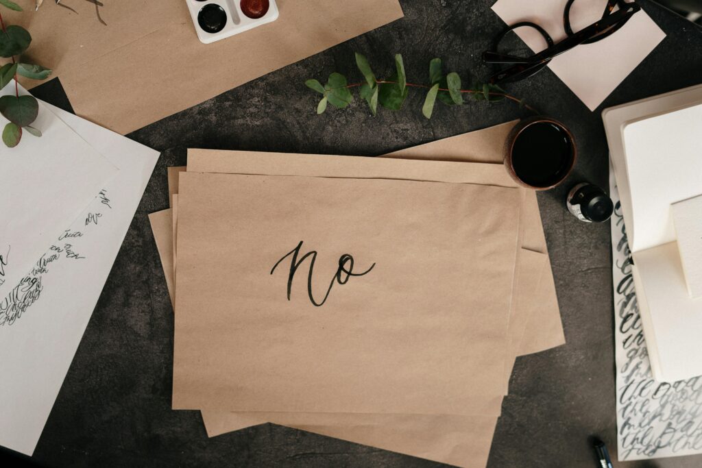 Aesthetic flat lay of calligraphy art with 'no' written on paper, ink, and eucalyptus.